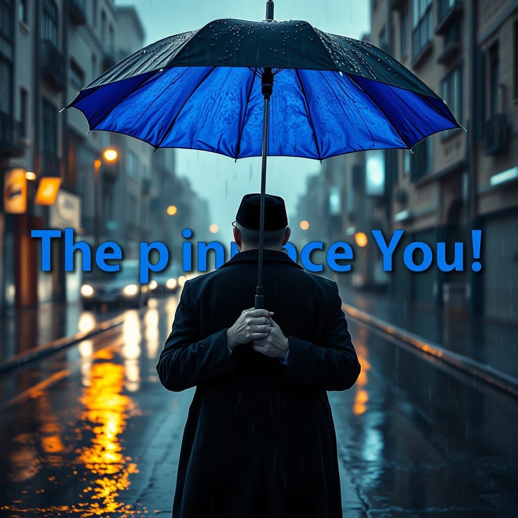 Haredi Man Resolute in Rainy Urban Landscape, Cyberpunk Insp...