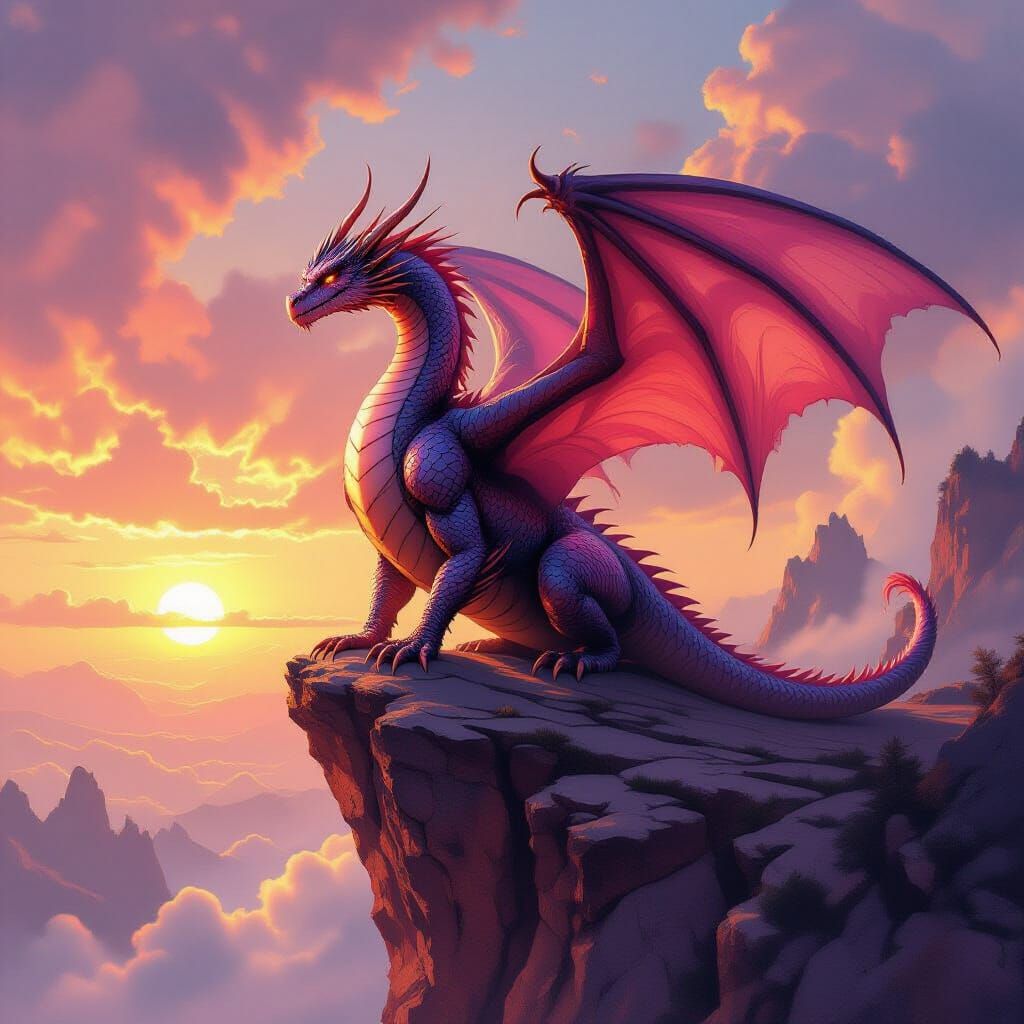 Majestic Pink Dragon Perched on Cliffside at Sunset