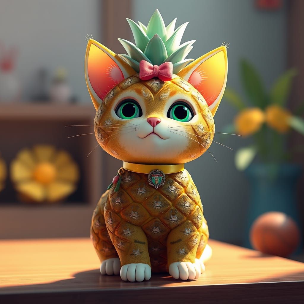 Vibrant Pineapple Cat Concept Art in 3D Anime Style