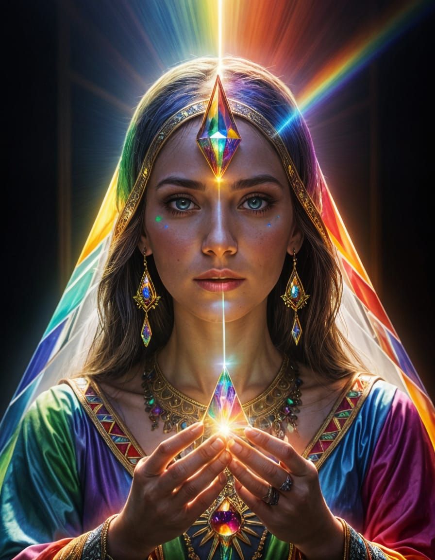 Priestess with Crystal Prism in Rainbow Light