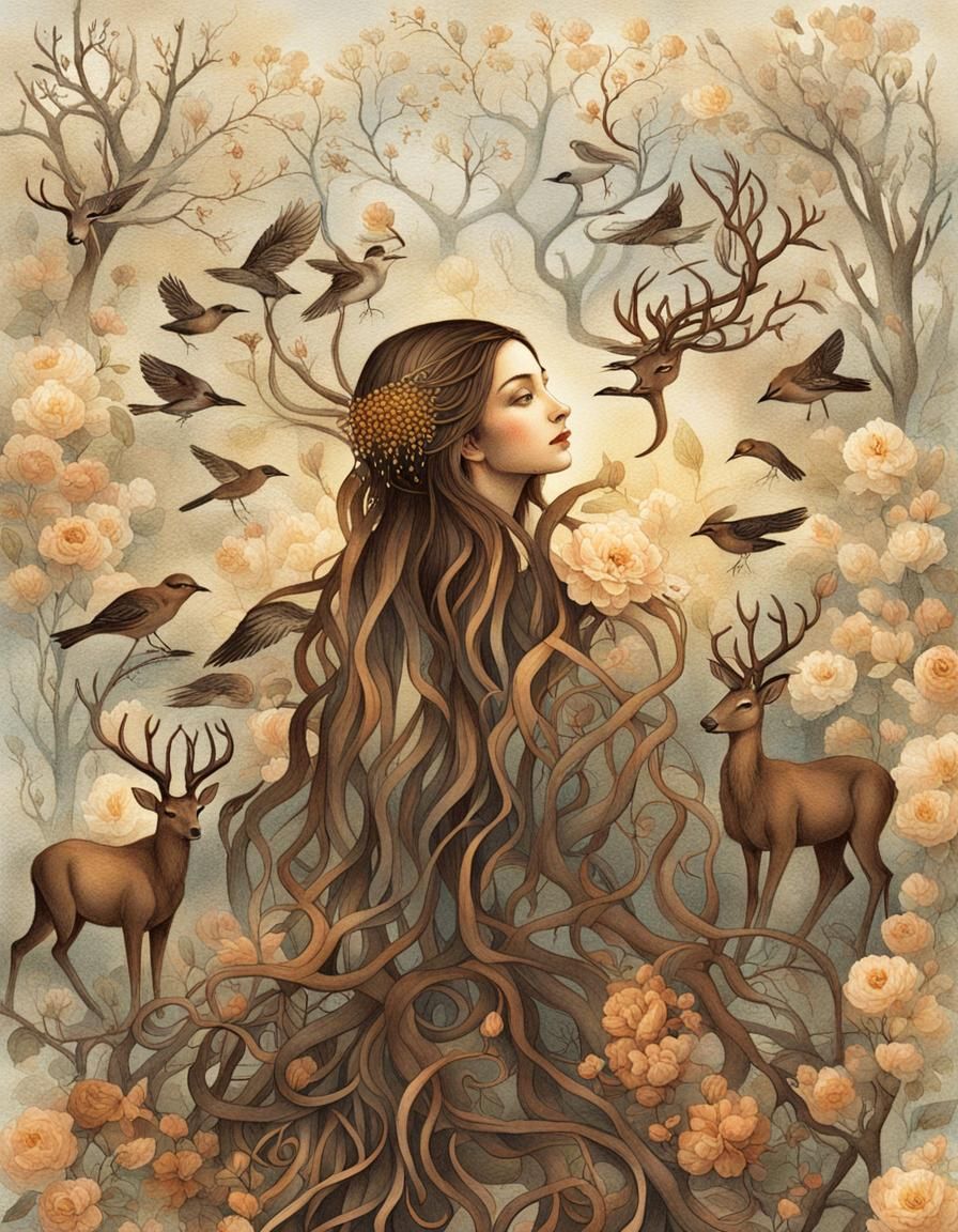 Pagan Woman Portrait with Roots and Animals
