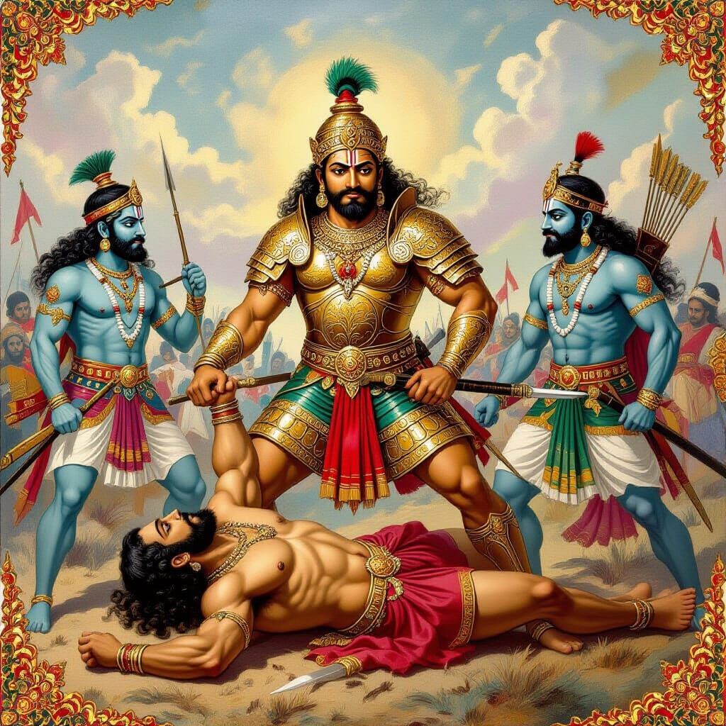 Dramatic Battlefield Scene in Classical Indian Style