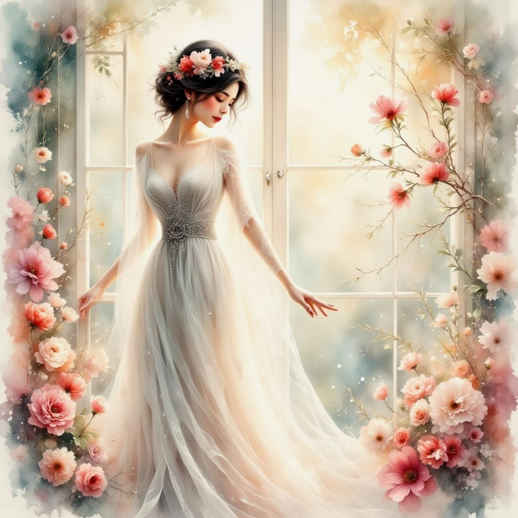 Ethereal Art Nouveau Portrait in Soft Watercolor