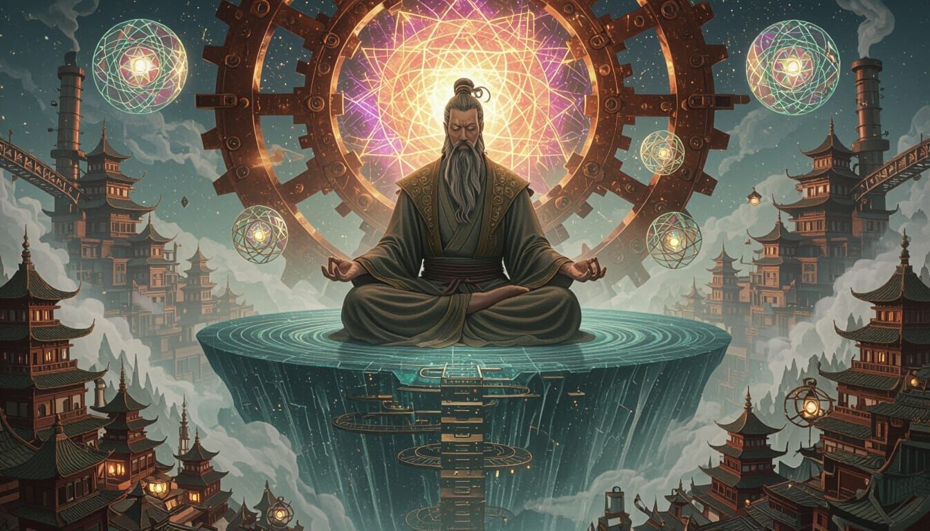 Spiritual Master Meditating Above Industrial Abyss