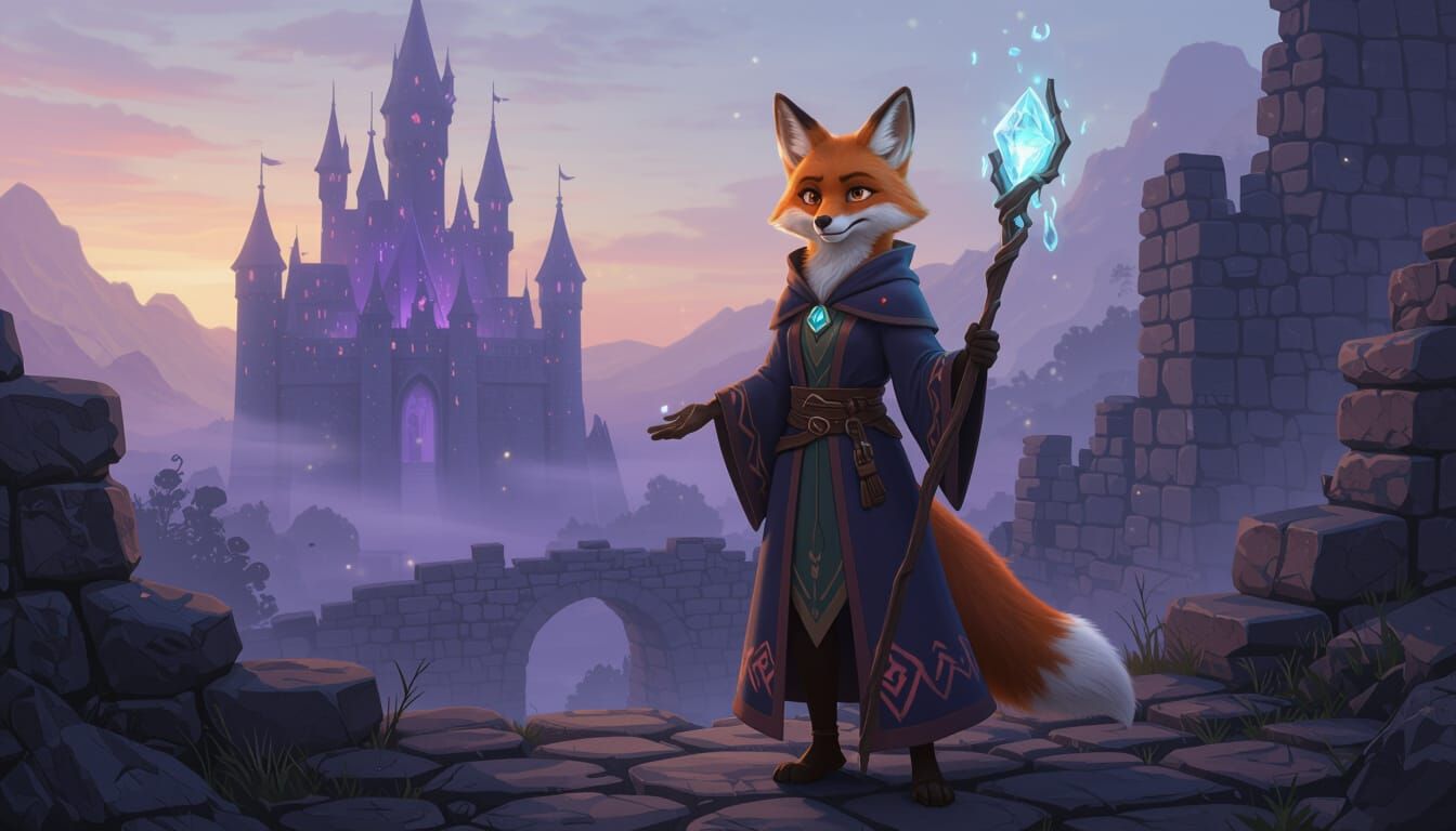Fox Wizard on Ruined Bridge in Mystical World