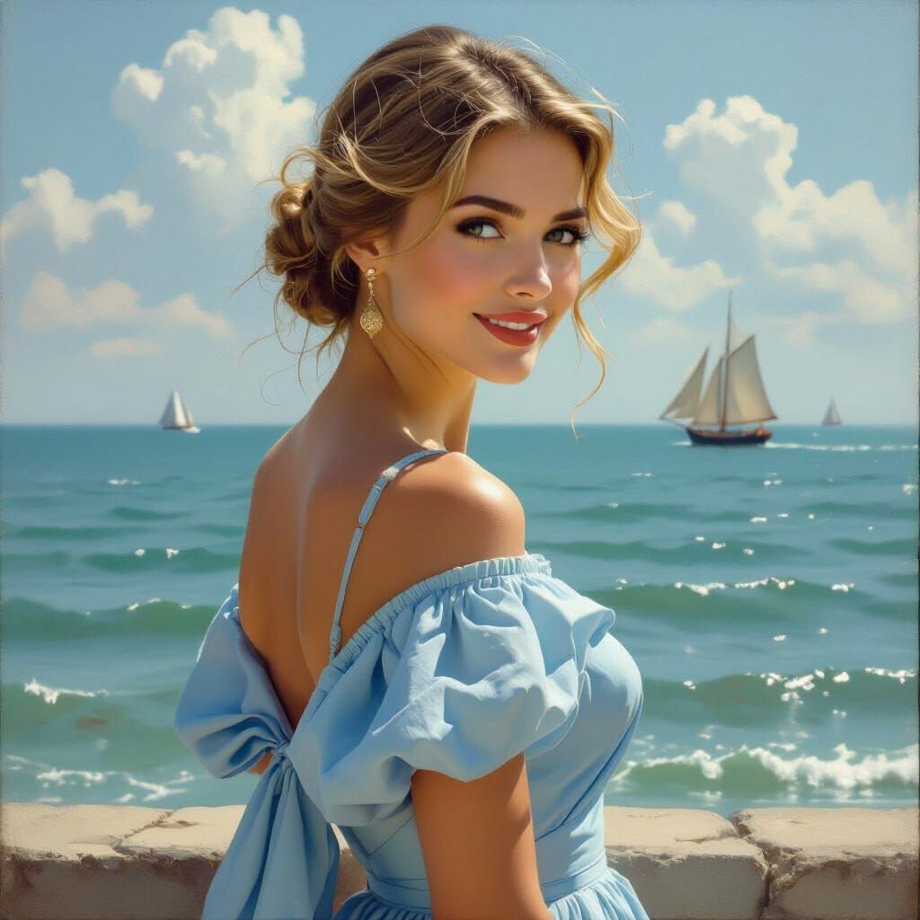 Elegant Woman by the Sea, Inspired by Classical Art