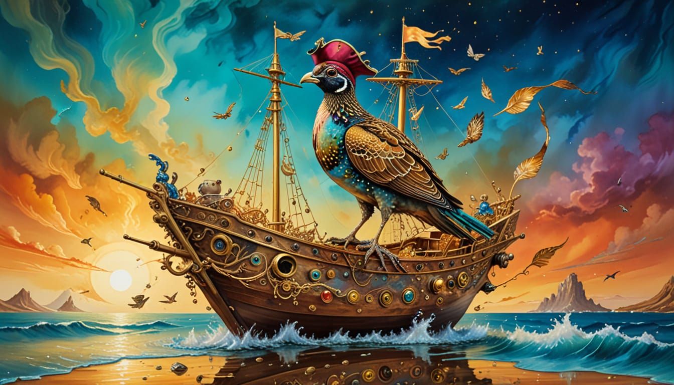 Surrealist Quail Pirate with Treasure, Dreamlike Painting