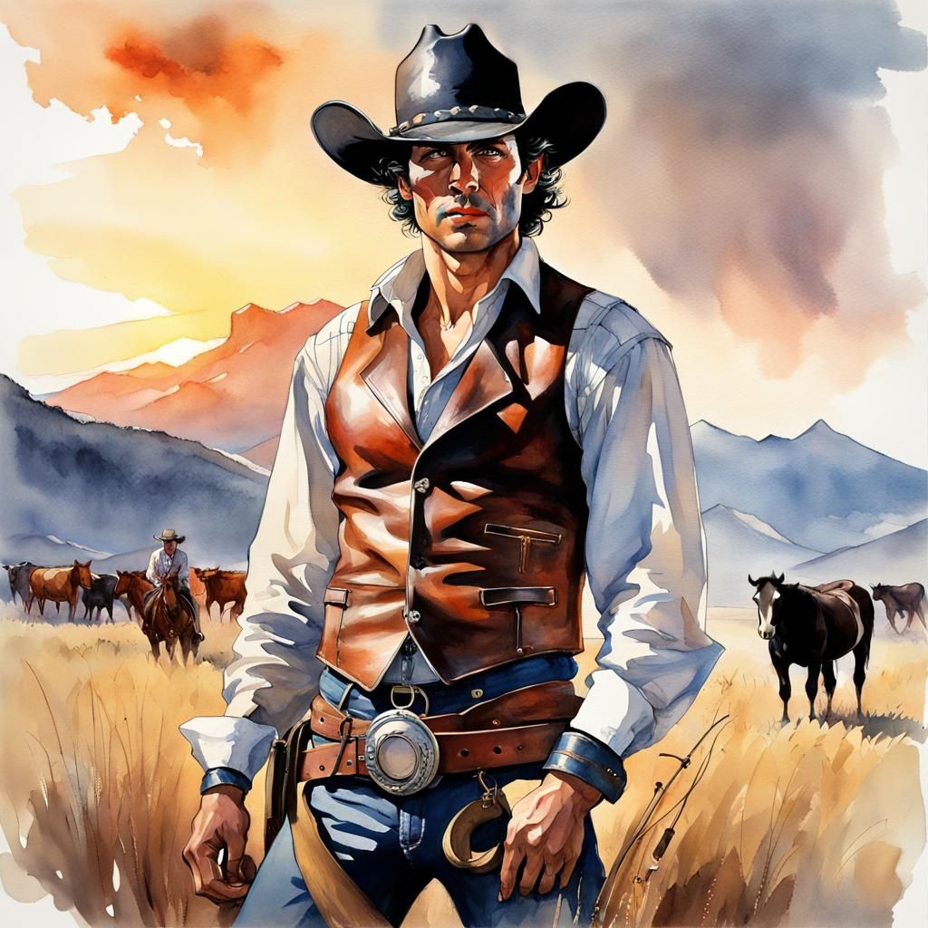 Handsome Cowboy at Sunset in Watercolor Splash Art