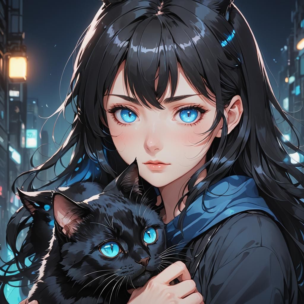 Anime Girl with Glowing Eyes and Black Cat