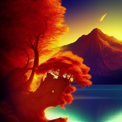 Golden Tree on Glowing Lake at Dawn