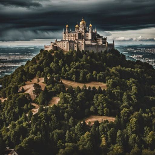 Picturesque Moated Castle Landscape with Busy Farmers