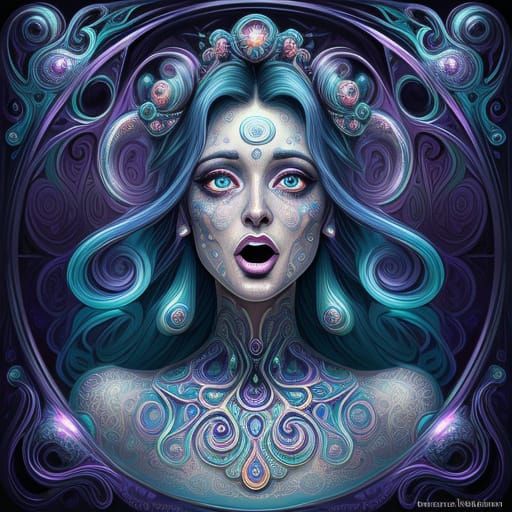 Surreal Woman Screaming in Psychedelic Art Nouveau Frame
