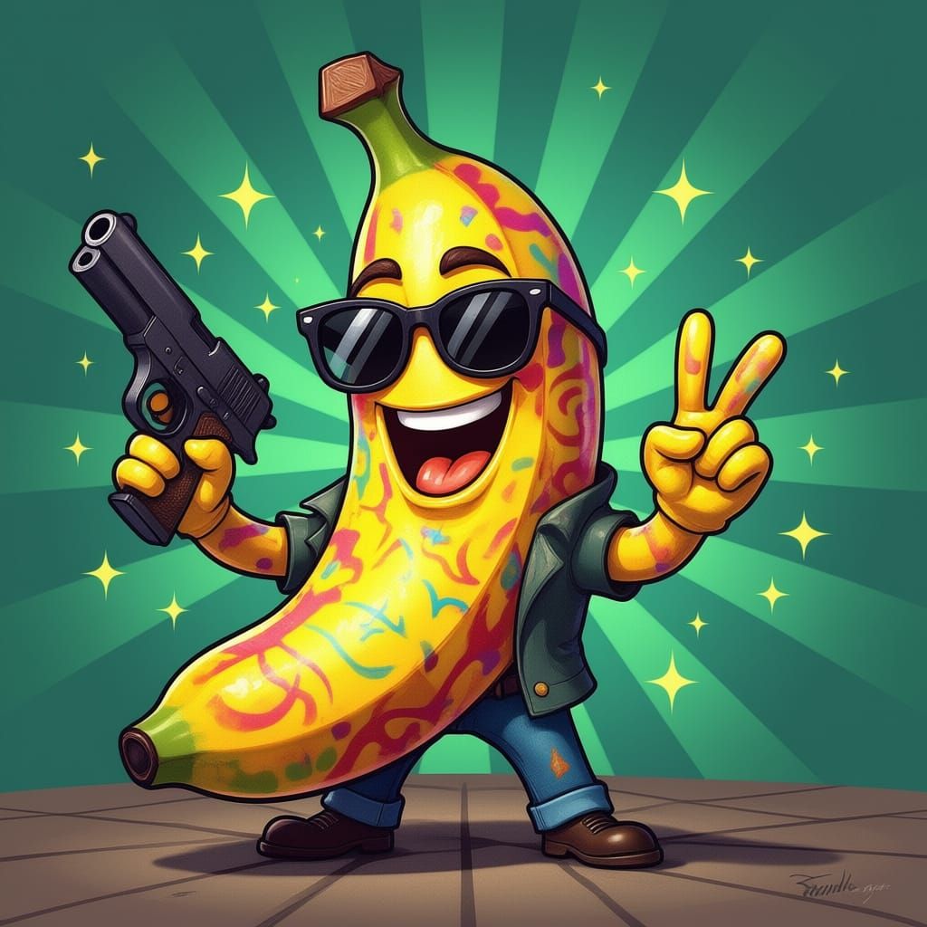 Cartoon Banana Character with Sunglasses and Gun