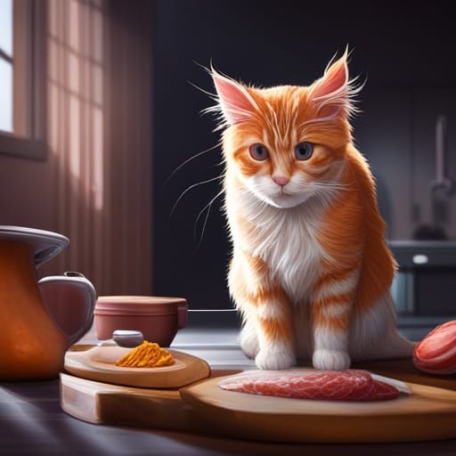 Hyperrealistic Cat Cooking in Kitchen: Splash Art