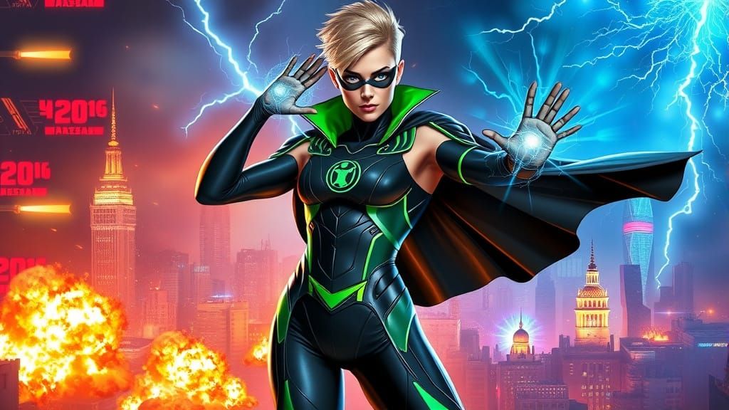 Cyberpunk Superheroine Unleashes Cosmic Fury in Neon-Lit Cit...