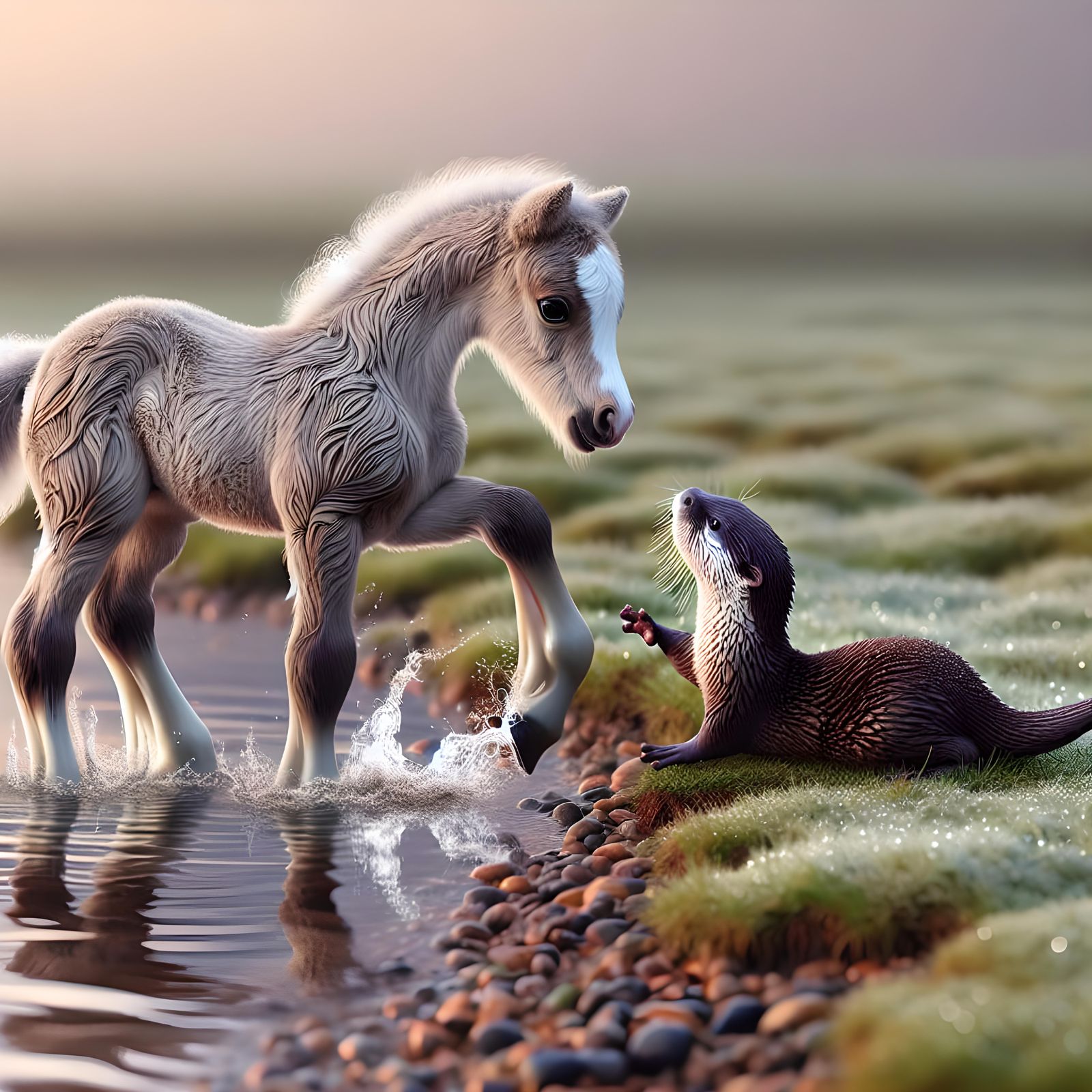 Mythical Baby Kelpie and Otter Play by Lake