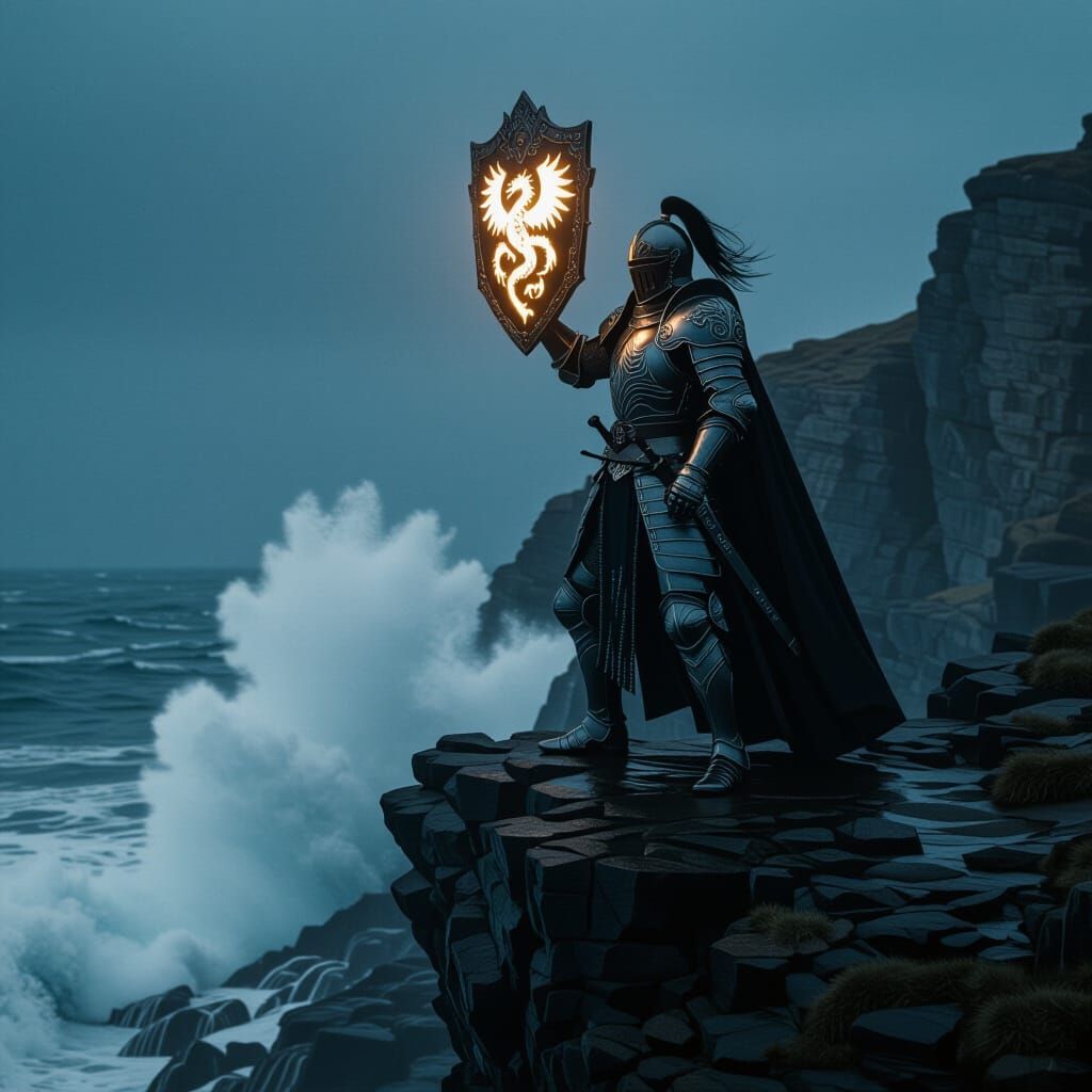Knight in Dark Fantasy Armor on Windswept Cliff