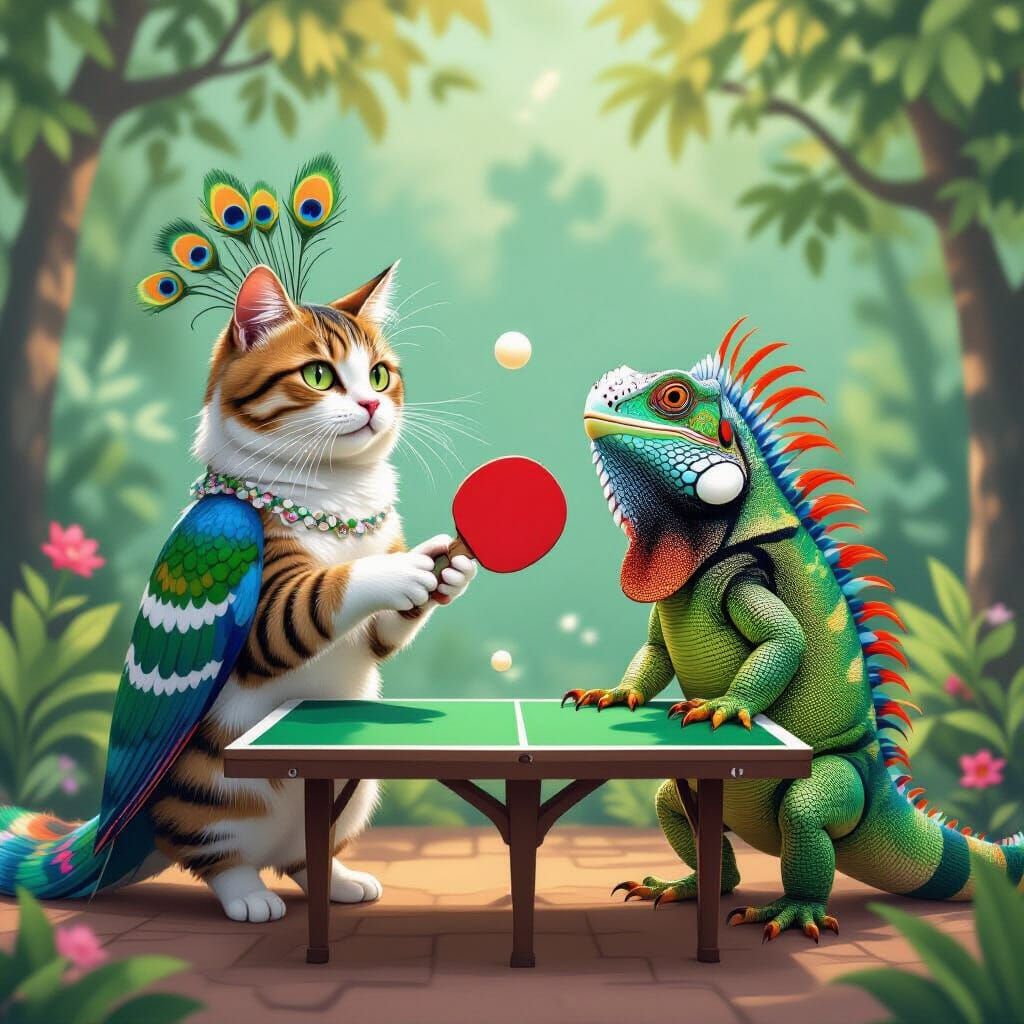Cat-Pigeon Hybrid Plays Ping Pong with Iguana