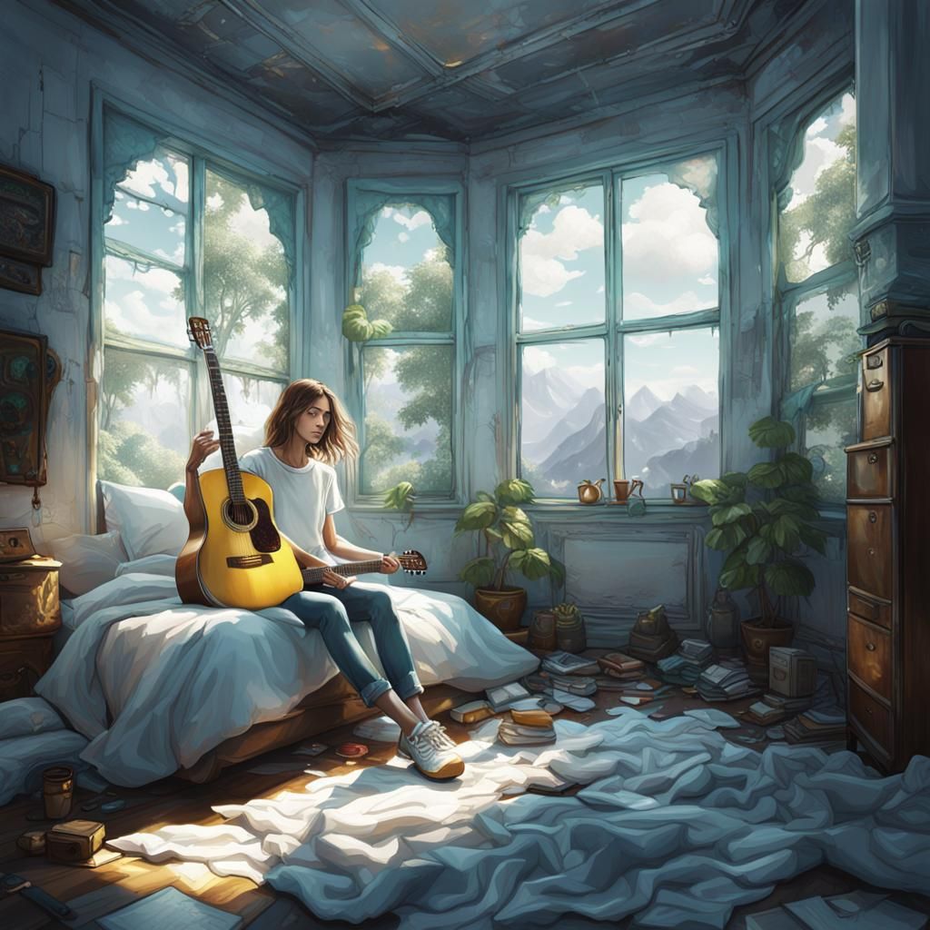 Girl in White Room with Guitar, Detailed Matte Painting