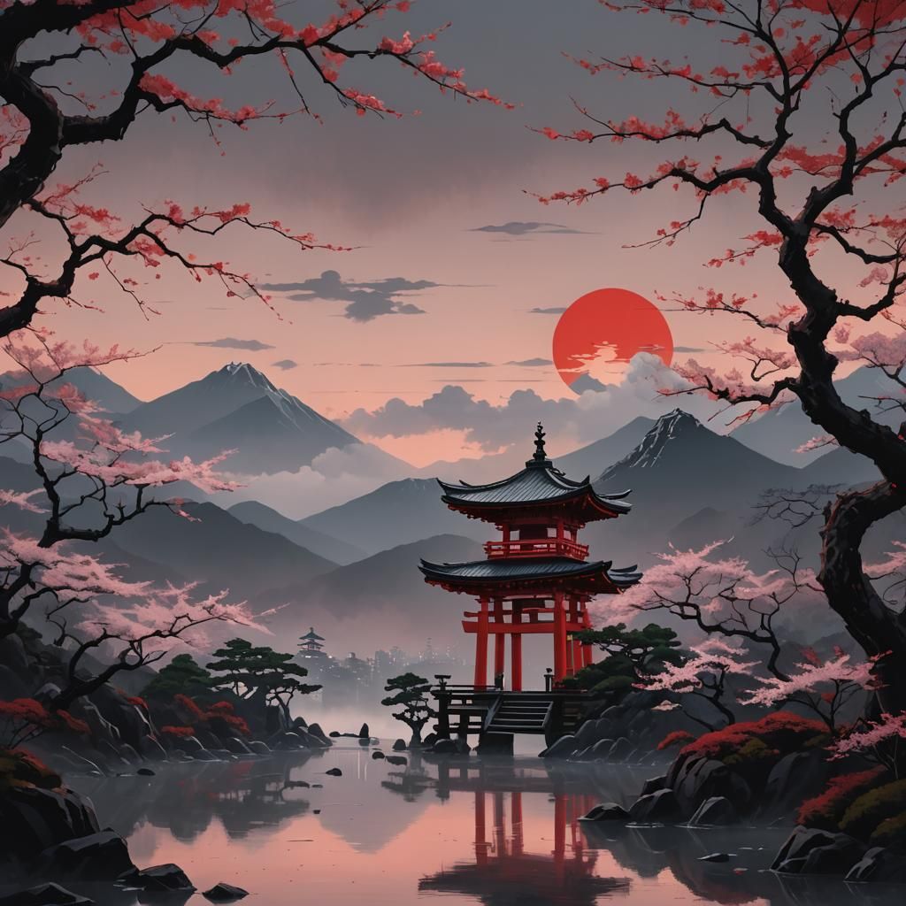 Japanese Shrine with Kanji Characters in Tondo Composition