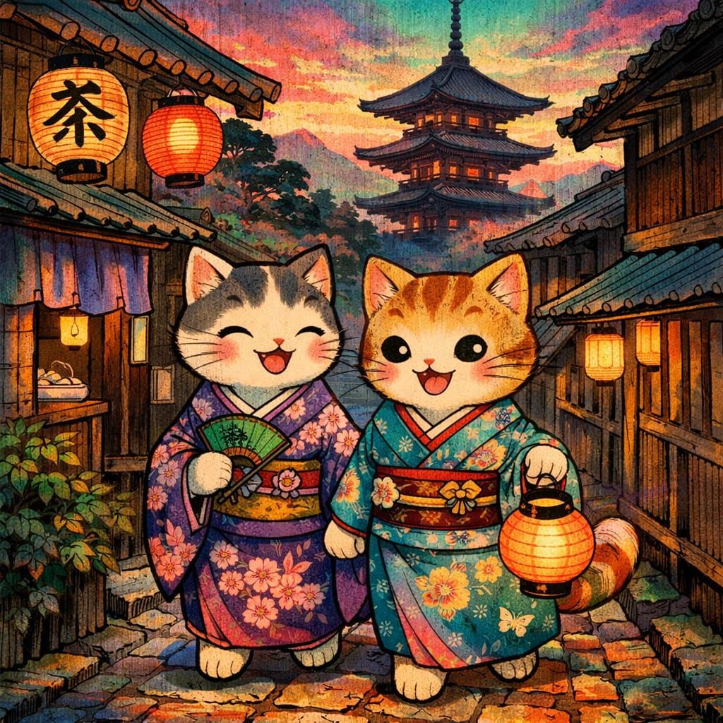 Kawaii Cats in Kimono: Ukiyo-e Style Village Scene