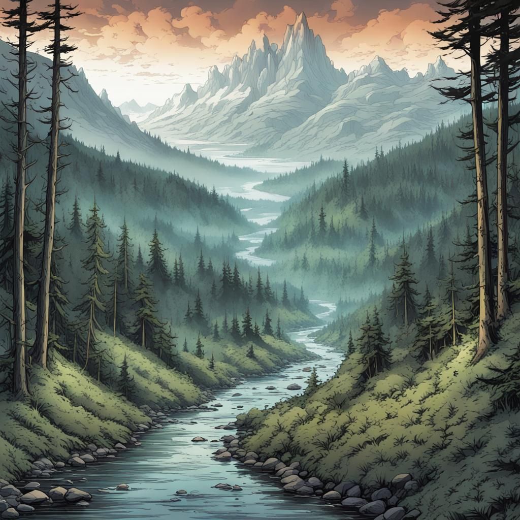 Foggy Mountain Range in Comic Book Art Style