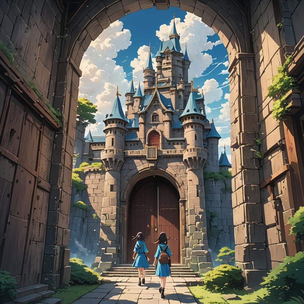 Anime Girl Walks Through Sky Castle Doors