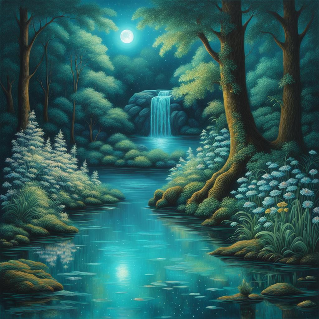 Glowing Turquoise Forest with Glittering Plants