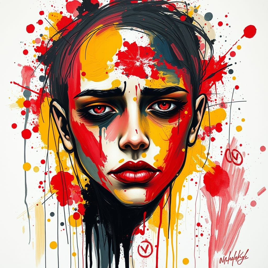 Energetic Dark Red Splatter Art with Bold Brush Strokes