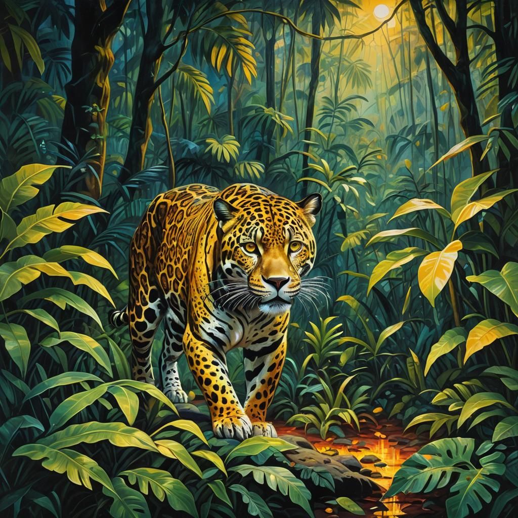 Luminescent Jaguar in Tropical Forest Painting