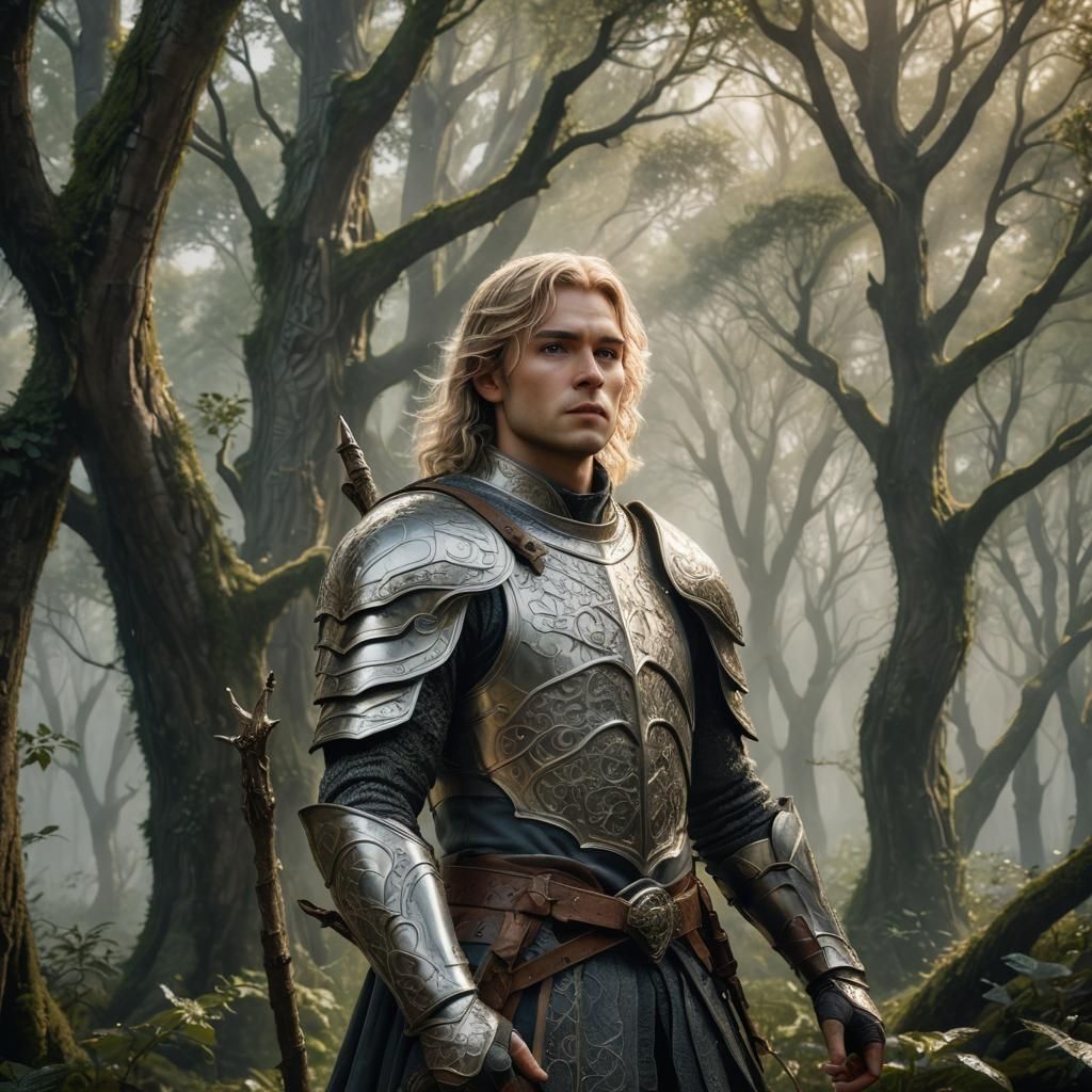 Elven Knight Edryn in Misty Forest Clearing