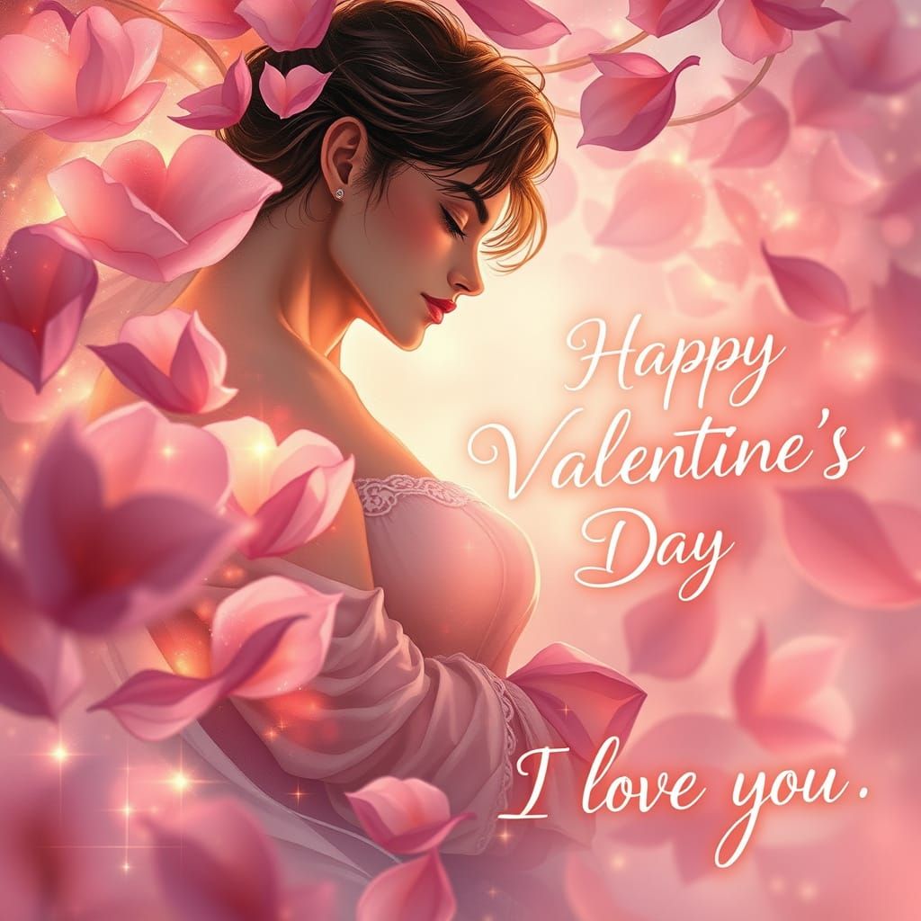 "A stunning Valentine's Day greeting card in a semi-realistic concept art style, divided into two sections. The left sid...