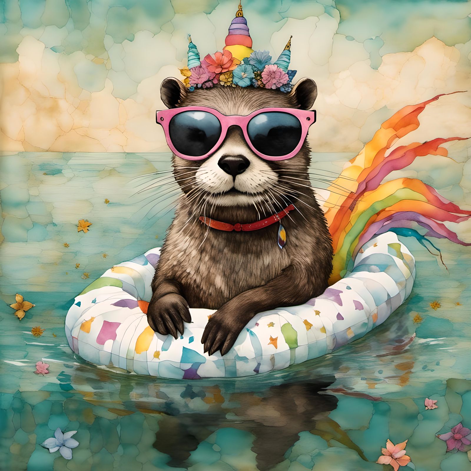 Whimsical Otter on Unicorn Floatie Collage