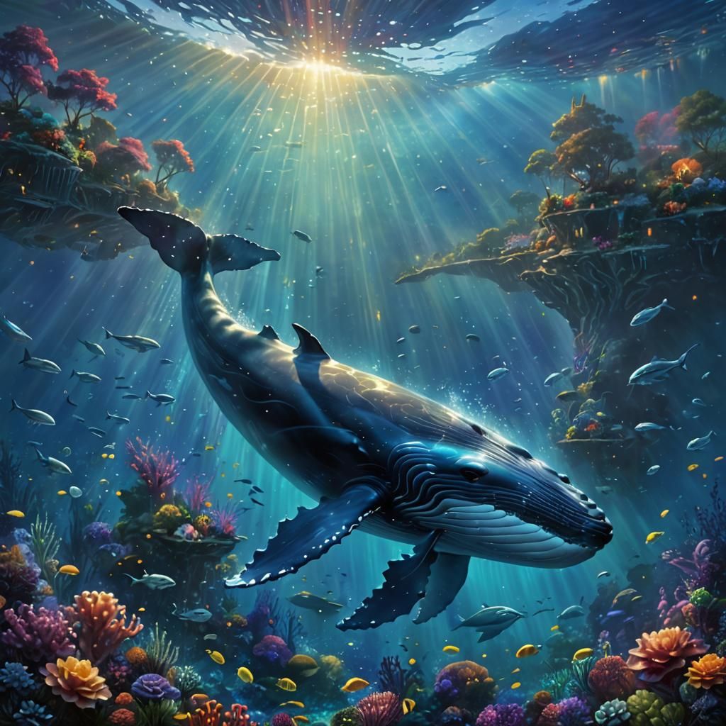 Bioluminescent Whale Swimming Underwater in Holographic Styl...