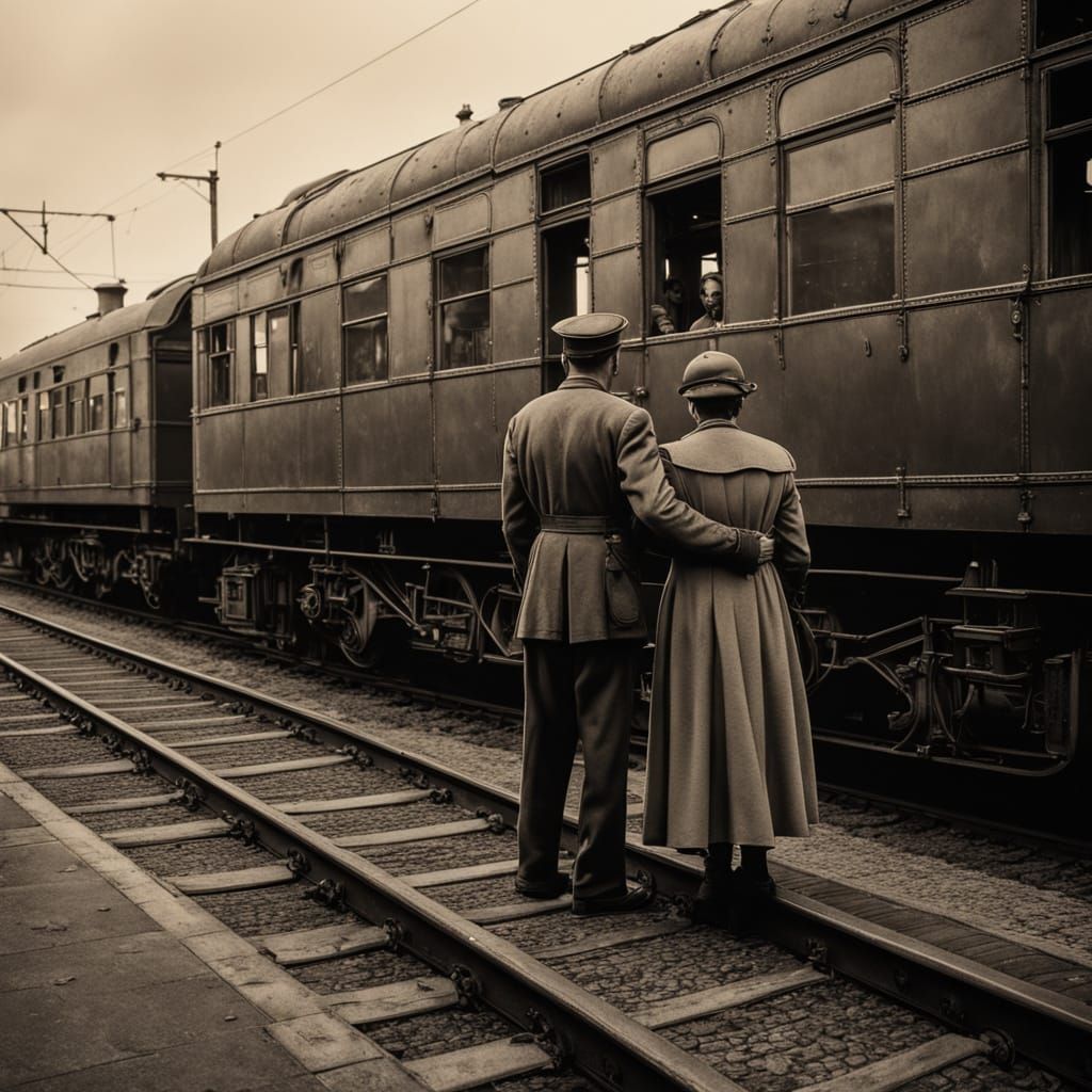 Romantic Soldier's Farewell in Faded Sepia Tones