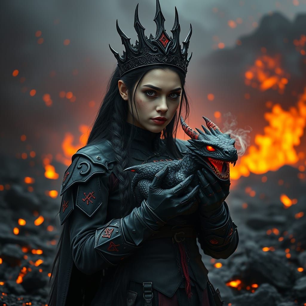 Dark Gothic Sorceress with Dragon in Volcanic Wasteland