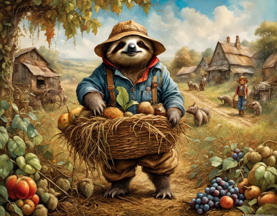Anthropomorphic Sloth Farmer in Fairytale Setting
