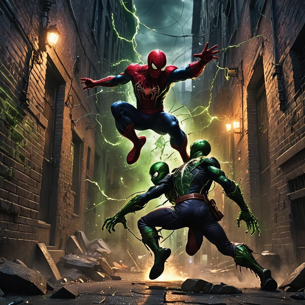 Spiderman vs Green Goblin in Dark Fantasy Alley