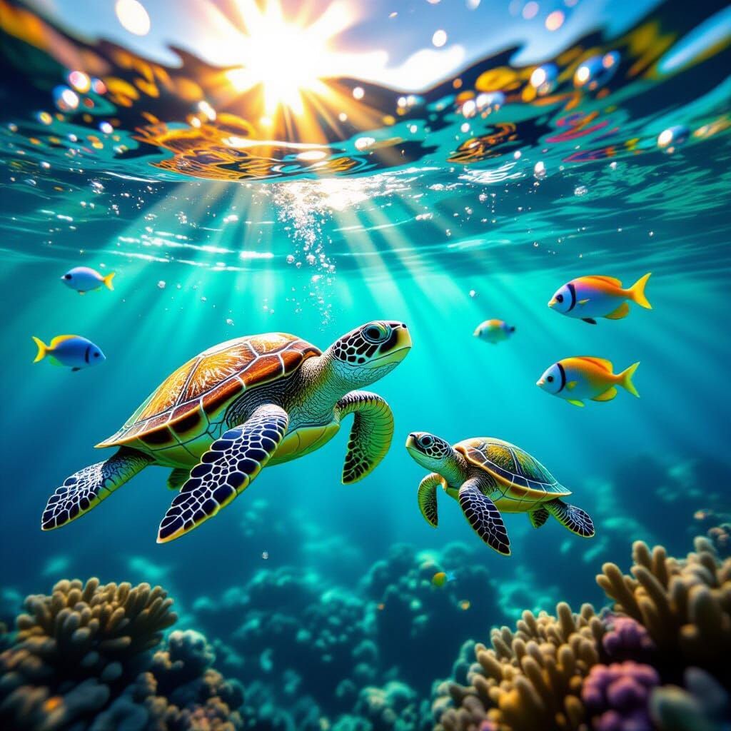 Turtle Family Swimming in Ocean Sunlight