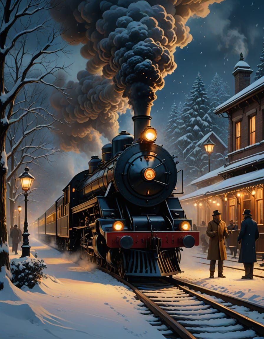 Majestic Steam Train at Snowy Station Night Digital Painting