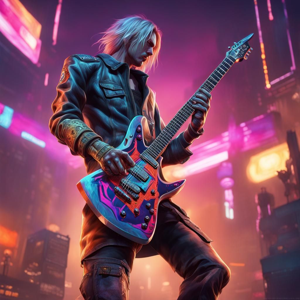 Cyberpunk Guitar Hero in Hyperrealistic Style
