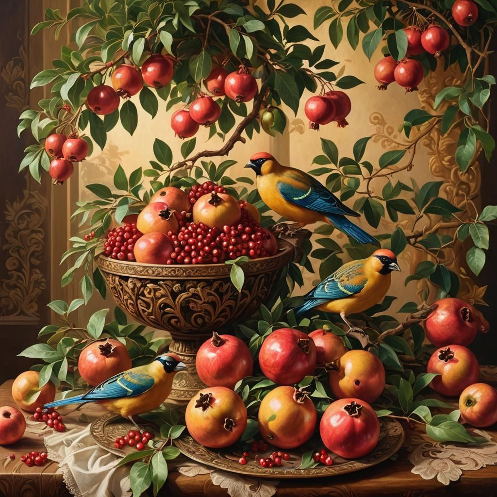 Birds Feast on Pomegranates in Dutch Master Style