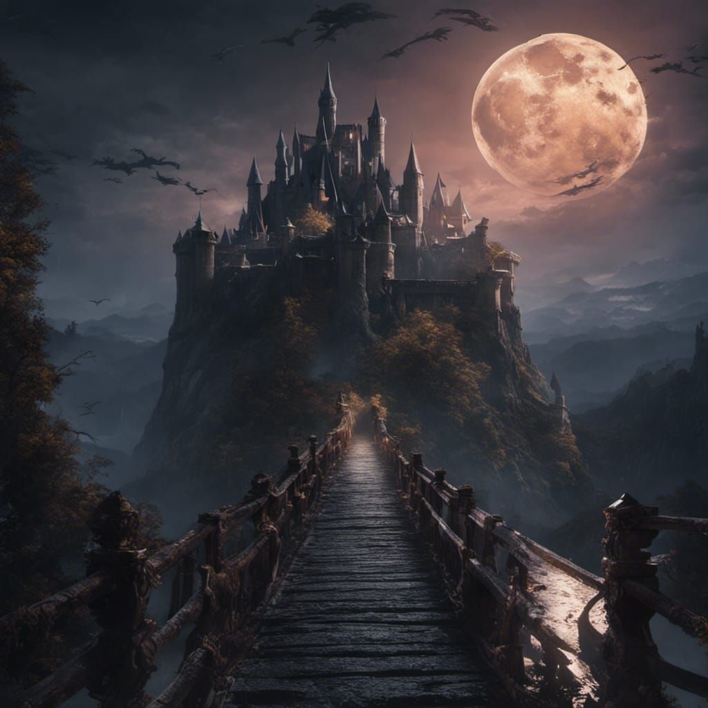Dark Fantasy Castle on Mountain Bridge