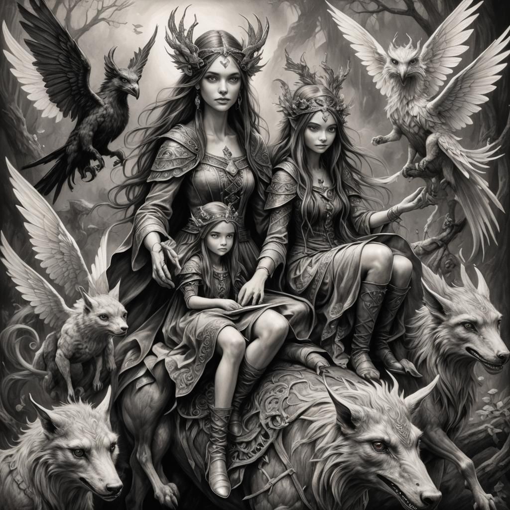 Enchantresses on Griffin: Hyperdetailed Charcoal Drawing