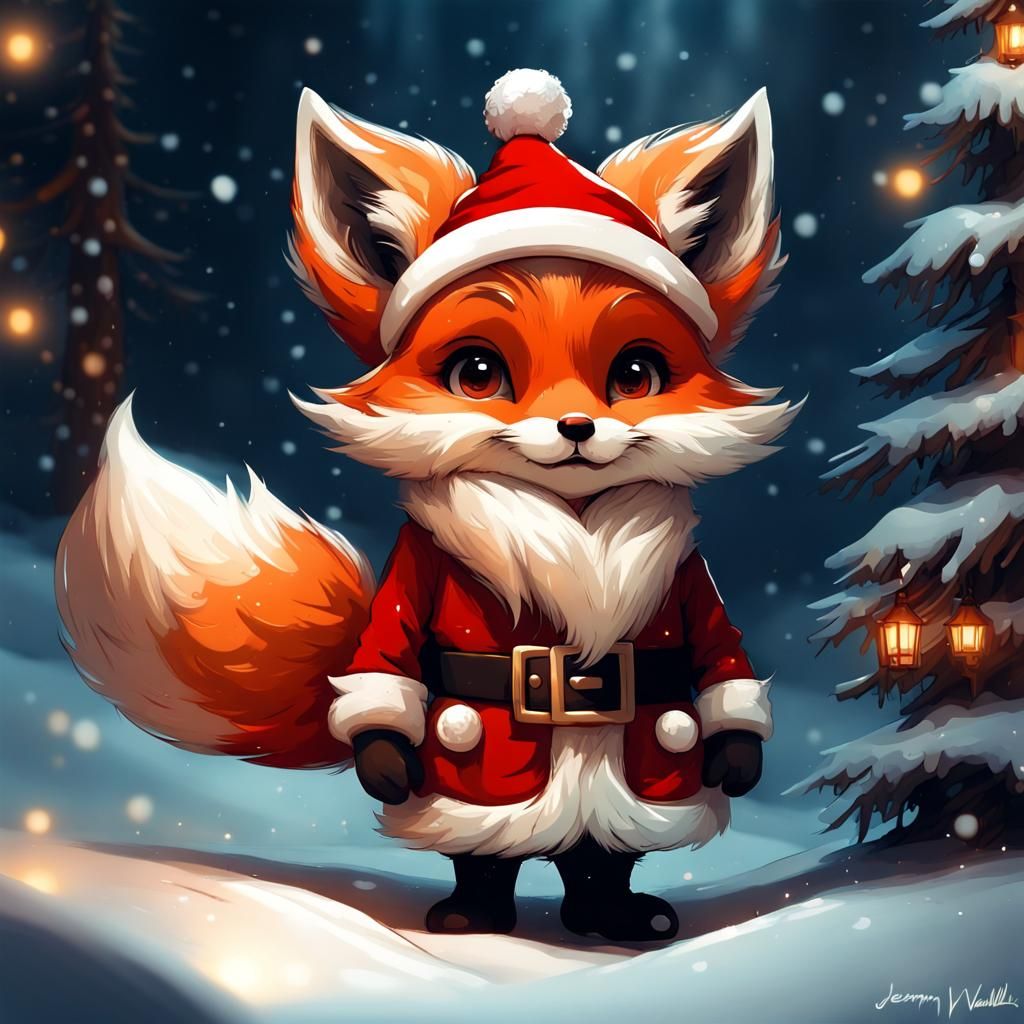 Chibi Anthropomorphic Fox Santa in Christmas Scene