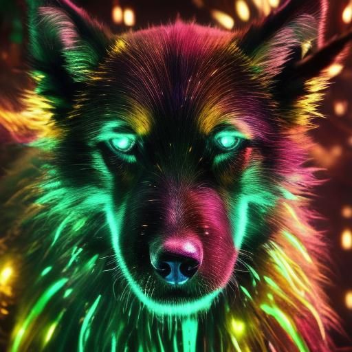 Bioluminescent Dog in Dark Forest, Digital Art