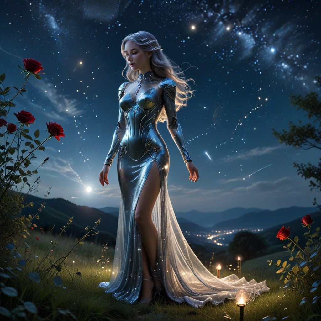 Ethereal Robot Woman Under Starry Sky