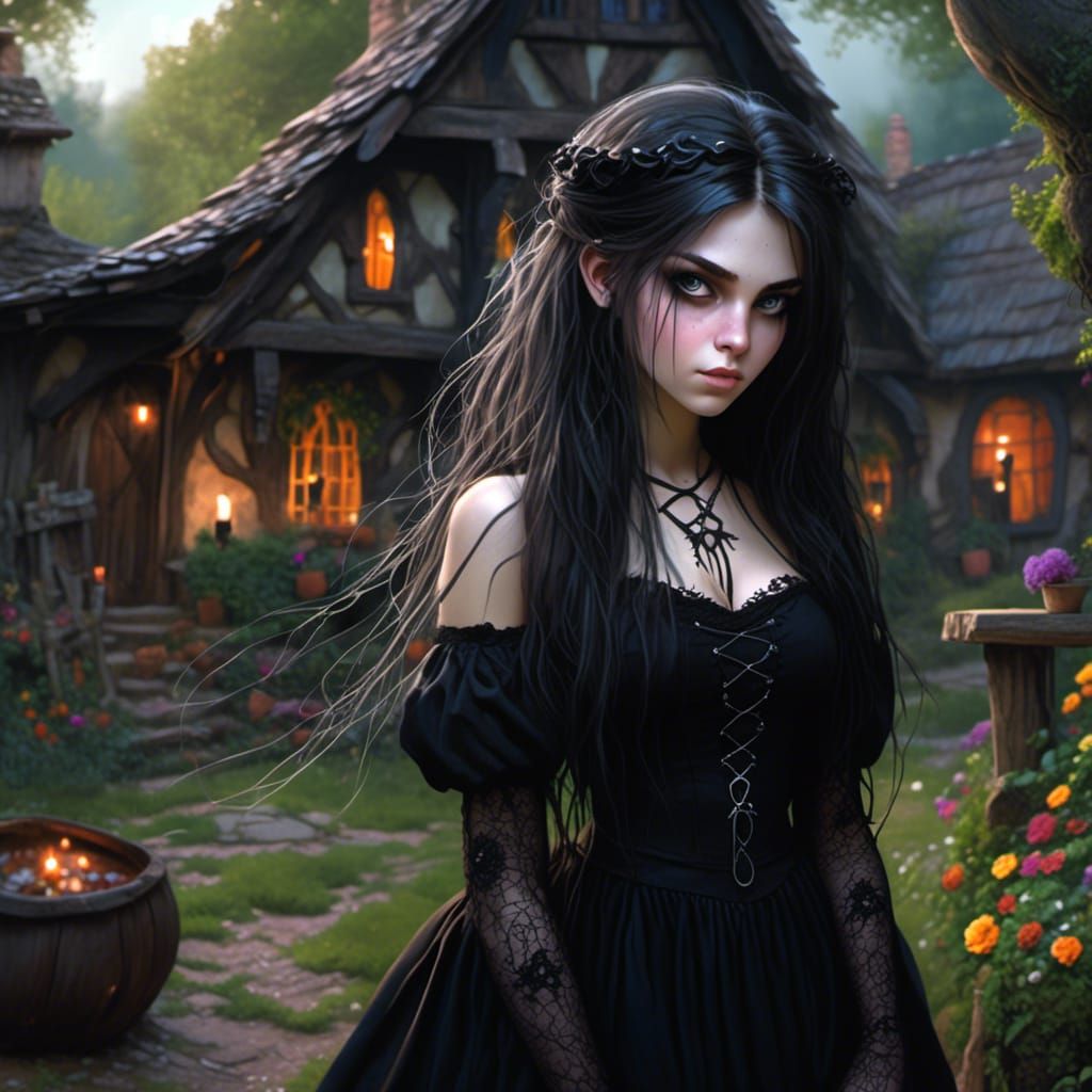 Goth Witch in Mystical Village, Photorealistic Art