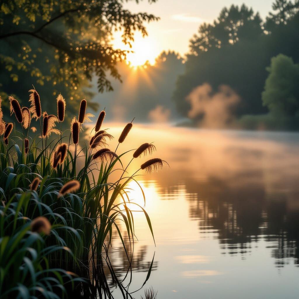 Misty Dawn Lake with Cattails in Gursky Style