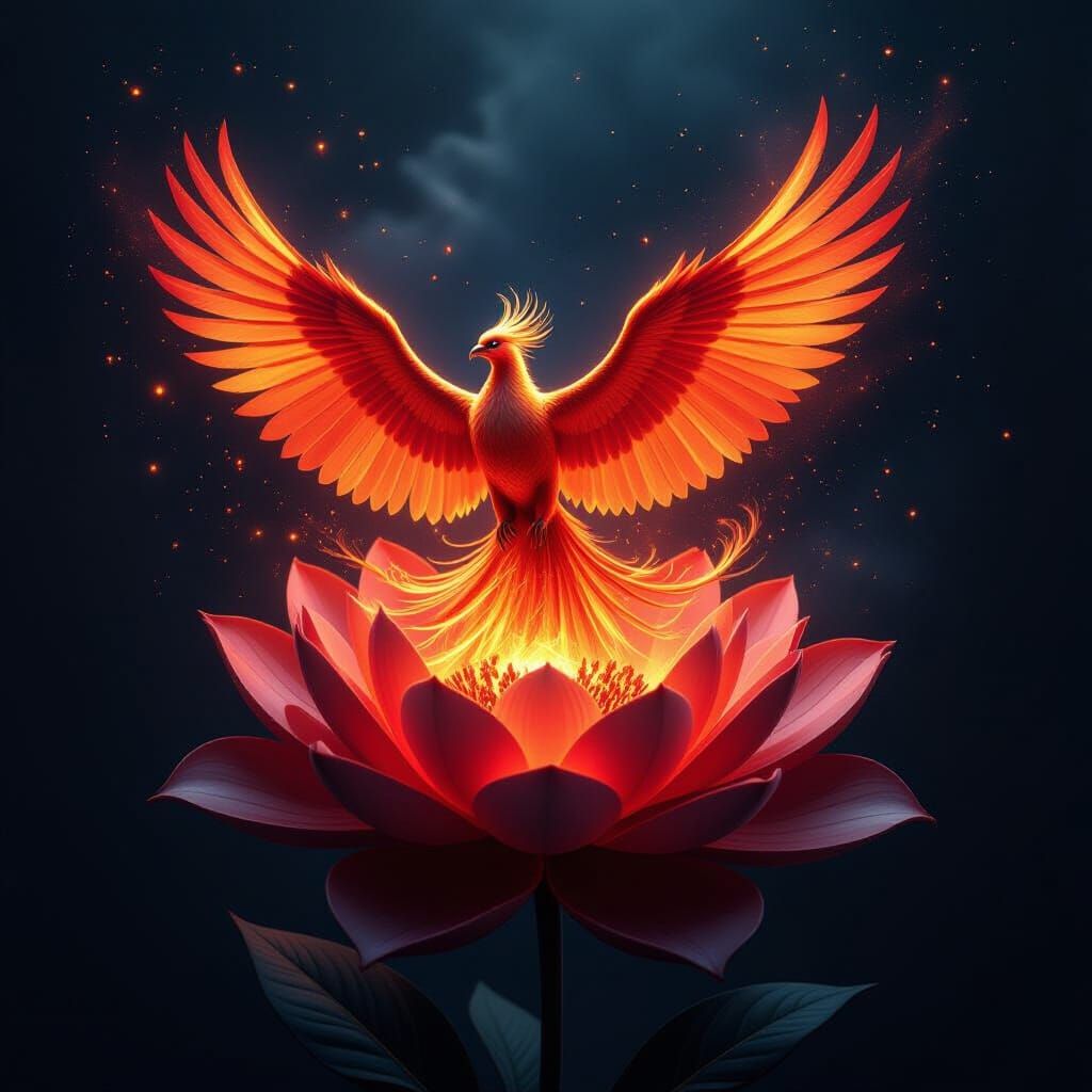 Cosmic Phoenix Rises From Abstract Flower in Chiaroscuro